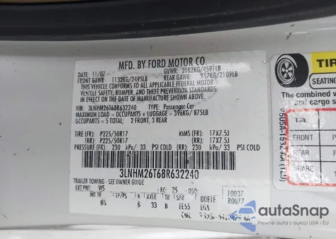 2008 Lincoln Mkz из США, поврежденный, VIN 3LNHM26T68R632240